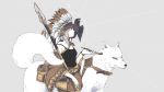  1girl absurdres aoicancerius bird bracelet breasts grey_background headdress highres holding holding_spear holding_weapon jewelry knife original pipe polearm profile raven_(animal) sheath sheathed simple_background small_breasts spear standing upper_body weapon wolf 