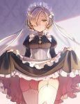  1girl apron azur_lane black_dress blonde_hair braid breasts closed_mouth collar cowboy_shot dress dress_lift expressionless frilled_apron frilled_dress frills garter_straps hair_over_one_eye highres juliet_sleeves lifted_by_self long_sleeves looking_at_viewer maid maid_headdress medium_breasts puffy_sleeves shaded_face sheffield_(azur_lane) short_hair solo thigh-highs thighs white_apron white_legwear yellow_eyes yuko_(uc_yuk) 
