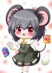  1girl :d animal_ears ankle_socks arm_behind_back arm_up black_footwear blurry blurry_background blush capelet chibi commentary_request cookie_(touhou) crossed_legs egg eyebrows_visible_through_hair feet_out_of_frame flour grey_hair grey_skirt grey_vest hair_between_eyes jewelry long_sleeves looking_at_viewer milk_carton mouse_ears mouse_tail nazrin nyon_(cookie) open_mouth pendant polka_dot polka_dot_background red_eyes shirt short_hair skirt smile solo standing tail touhou typo vest white_capelet white_legwear white_shirt yairenko 