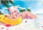  1girl absurdres bangs bare_shoulders beach bikini blue_sky blush bracelet breasts chloe_von_einzbern choker clouds cloudy_sky collarbone dark_skin day eyebrows_visible_through_hair fate/kaleid_liner_prisma_illya fate_(series) flower full_body garter_straps hair_between_eyes hair_flower hair_ornament hibiscus highres index_finger_raised innertube jewelry long_hair looking_at_viewer lying necklace ocean on_stomach one_side_up open_mouth orange_eyes outdoors page_number palm_leaf palm_tree petals pink_hair scan shiny shiny_hair shiny_skin sky small_breasts smile solo sparkle swimsuit thighs tied_hair tree water white_bikini yuge_(mkmk) 