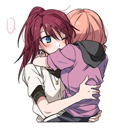  ... 2girls bang_dream! bangs black_shirt blue_bow blush bow hood hood_down hug jewelry lowres multiple_girls one_eye_closed pendant pink_hair pink_hoodie ponytail re_ghotion redhead shirt simple_background spoken_ellipsis udagawa_tomoe uehara_himari upper_body white_background white_shirt yuri 