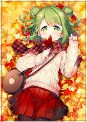  1girl animal_bag aran_sweater autumn_leaves bag bangs bear_bag black_legwear blush braid closed_mouth cowboy_shot double_bun eyebrows_visible_through_hair green_eyes green_hair hands_up holding holding_leaf leaf long_sleeves lying maple_leaf meito_(maze) morinaka_kazaki nijisanji on_back pantyhose plaid plaid_scarf pleated_skirt red_scarf red_skirt scarf shoulder_bag skirt sleeves_past_wrists smile solo sweater virtual_youtuber white_sweater 