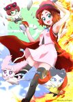  1girl :d absurdres armpits black_legwear blue_ribbon braixen braixen_(cosplay) brown_hair cosplay go!_princess_precure green_eyes hand_on_headwear haruno_haruka hat highres holding holding_poke_ball kuroro_(go!_princess_precure) looking_at_viewer miniskirt miss_siamour neck_ribbon niita open_mouth pancham pancham_(cosplay) pink_shirt pink_skirt poke_ball poke_ball_(generic) poke_ball_symbol pokemon pokemon_(anime) precure puff_(go!_princess_precure) red_headwear ribbon serena_(pokemon) serena_(pokemon)_(cosplay) shiny shiny_hair shirt short_hair skirt sleeveless sleeveless_shirt smile solo sylveon sylveon_(cosplay) thigh-highs zettai_ryouiki 