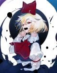  1girl ascot black_skirt blonde_hair blood blood_from_mouth blouse bow commentary_request cravat darkness dress_shirt fangs hair_between_eyes hair_bow hair_ribbon hand_on_own_chin highres ikurauni long_sleeves looking_at_viewer open_mouth red_bow red_eyes red_neckwear red_ribbon ribbon rumia shirt short_hair skirt solo teeth touhou two-tone_background vest white_blouse wing_collar 