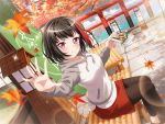 1girl bang_dream! black_hair blush bridge day dress east_asian_architecture food holding leaf looking_at_viewer maple_leaf mitake_ran official_art red_eyes short_hair sitting solo sparkle sunlight water