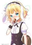  1girl animal_ears artist_name blonde_hair coffee eyebrows_visible_through_hair fake_animal_ears gochuumon_wa_usagi_desu_ka? green_eyes holding holding_tray kirima_sharo looking_at_viewer maid_headdress mozukun43 puffy_short_sleeves puffy_sleeves rabbit_ears short_hair short_sleeves solo tray twitter_username upper_body wavy_hair wrist_cuffs 