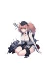  1girl atlanta_(kantai_collection) black_dress breasts brown_hair crane dress kantai_collection large_breasts long_sleeves machinery official_art pointing pointing_at_viewer radar shizuma_yoshinori short_shorts shorts suspenders torn_clothes turret 