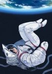  1girl animal_ears astronaut black_hair blue_eyes closed_eyes earth floating helmet highres original science_fiction short_hair smile solo space spacesuit star star_(sky) window1228 