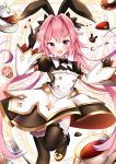  1boy astolfo_(fate) astolfo_(saber)_(fate) bangs black_bow black_dress black_gloves black_legwear black_neckwear black_ribbon blush bow bowtie buttons cocktail_glass cup cupcake dress drinking_glass fang fate/grand_order fate_(series) food fork gloves hair_between_eyes hair_bow hair_intakes hair_ribbon heart index_finger_raised juliet_sleeves layered_skirt lokyin_house long_hair long_sleeves looking_at_viewer low_twintails multicolored_hair open_mouth otoko_no_ko pink_hair puffy_sleeves ribbon saucer skirt smile solo spoon streaked_hair tea teacup thigh-highs thighs twintails violet_eyes white_hair white_skirt wide_sleeves wing_collar 