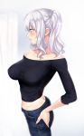  1girl alternate_costume black_sweater blue_eyes blue_pants blurry breasts butt_crack cowboy_shot denim depth_of_field jeans kantai_collection kashima_(kantai_collection) large_breasts long_hair midriff off-shoulder_sweater off_shoulder pants profile sidelocks silver_hair solo standing sweater twintails twisted_torso untsue wavy_hair white_background 