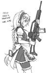  1girl apron assault_rifle braid breasts character_name closed_mouth dated frilled_apron frilled_hairband frilled_skirt frills g36_(girls_frontline) girls_frontline gloves greyscale gun h&amp;k_g36 hair_ornament hairband hand_up highres holding holding_gun holding_weapon leg_garter long_hair looking_away medium_breasts monochrome ndtwofives object_namesake open_clothes open_vest profile puffy_short_sleeves puffy_sleeves rifle shirt short_sleeves simple_background skirt solo very_long_hair vest waist_apron weapon white_background 
