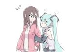  2girls =3 aqua_hair aqua_neckwear bare_shoulders black_skirt black_sleeves brown_hair detached_sleeves grey_shirt hair_ornament hatsune_miku holding_arm jacket leaning_forward light_blush long_hair looking_at_another master_(vocaloid) multiple_girls necktie nejikyuu open_mouth pink_jacket shirt shoulder_tattoo skirt sleeveless sleeveless_shirt sweater tattoo turtleneck turtleneck_sweater twintails upper_body very_long_hair visible_air vocaloid white_background white_shirt white_sweater 