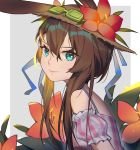  1girl absurdres amiya_(arknights) animal_ears arknights bare_shoulders blue_eyes brown_hair closed_mouth flower from_side goggles goggles_on_head hair_between_eyes hat hat_flower highres long_hair looking_at_viewer off-shoulder_shirt off_shoulder plaid plaid_shirt rabbit_ears red_flower shirt short_sleeves smile solo sun_hat upper_body very_long_hair xtears_kitsune 