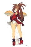 1girl anklet ass bowl breasts brown_eyes brown_hair china_dress chinese_clothes commentary detached_sleeves dress english_commentary food fried_rice from_behind full_body grey_background guilty_gear guilty_gear_xrd hair_rings hair_tubes high_heels jewelry kneepits kuradoberi_jam legs long_hair long_legs looking_at_viewer looking_back medium_breasts optionaltypo pasta red_dress red_footwear red_sleeves solo spaghetti very_long_hair waitress wide_sleeves