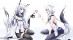  2girls animal_ears aqua_neckwear azur_lane bangs bare_shoulders black_gloves black_legwear black_skirt blue_eyes blush braid closed_eyes closed_mouth collarbone commentary_request crossover detached_sleeves eyebrows_visible_through_hair fox_ears fox_shadow_puppet fox_tail g_(desukingu) gloves heart highres hololive kawakaze_(azur_lane) long_hair long_ponytail long_sleeves look-alike looking_at_another low_ponytail midriff miniskirt multiple_girls navel neckerchief open_mouth petticoat pleated_skirt sailor_collar shirakami_fubuki sidelocks silver_hair sitting skirt sleeveless smile tail thigh-highs very_long_hair wariza wide_sleeves 