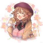  1girl :o ^_^ a5g7a5d8 bangs beret blush bow braid brown_hair brown_jacket closed_eyes cream_puff fang floral_background food hair_bow happy_birthday hat holding holding_food jacket long_sleeves nijisanji red_bow red_headwear solo twin_braids upper_body virtual_youtuber warabeda_meijii 
