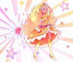  1girl amamiya_erena bare_shoulders blonde_hair blush boots choker commentary_request cure_soleil dark_skin dress full_body hair_ornament high_heel_boots high_heels highres knee_boots kyoutsuugengo long_hair looking_at_viewer magical_girl orange_dress pose precure purple_choker purple_earrings smile solo star star_hair_ornament star_twinkle_precure starry_background sun_(symbol) tiara very_long_hair violet_eyes wrist_cuffs yellow_footwear 