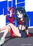  1girl absurdres arm_support asymmetrical_gloves bangs black_skirt blue_eyes blue_hair boots breasts collarbone cosplay crop_top crossed_legs eyebrows_visible_through_hair gloves grin heartcatch_precure! highlights highres kill_la_kill kurumi_erika long_hair matoi_ryuuko matoi_ryuuko_(cosplay) midriff miniskirt multicolored_hair navel niita pleated_skirt precure red_gloves scissor_blade shiny shiny_hair single_glove sitting skirt small_breasts smile solo stomach suspender_skirt suspenders white_footwear 