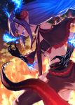  1girl :d bandeau bare_shoulders black_choker black_legwear blue_eyes blue_fire choker commentary_request cowboy_shot dragon_girl dragon_horns dragon_tail fire floating_hair hand_up horns ibuki_notsu long_hair looking_at_viewer melusine_(ibuki_notsu) midriff open_mouth original pointy_ears purple_hair sharp_teeth sidelocks smile solo strapless tail teeth thigh-highs thighs tubetop 