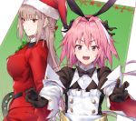  1boy astolfo_(fate) astolfo_(saber)_(fate) bangs black_bow black_cola black_gloves black_ribbon blush bow bowtie braid breasts commentary_request eyebrows_visible_through_hair fate/grand_order fate_(series) florence_nightingale_(fate/grand_order) gloves hair_bow hair_intakes hair_ribbon hat heart heart-shaped_pupils highres jacket large_breasts long_hair long_sleeves looking_at_viewer multicolored_hair otoko_no_ko pink_hair red_jacket ribbon santa_hat smile streaked_hair symbol-shaped_pupils twintails violet_eyes white_hair 