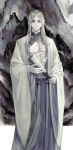  1boy berry_(dreamoffancy) blue_eyes chinese_clothes closed_mouth fan grey_hair highres holding holding_fan long_hair long_sleeves male_focus muted_color original solo standing 