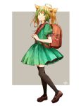  1girl ahoge animal_ears apple atalanta_(fate) bag blonde_hair bookbag braid cat_ears child dress eyebrows_visible_through_hair fate/grand_order fate_(series) food french_braid fruit green_dress green_eyes green_hair hair_between_eyes hair_ornament highres juliet_sleeves long_sleeves multicolored_hair png0730 puffy_sleeves short_twintails thigh-highs twintails younger 