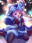  1girl :d bangs black_legwear blush capelet doll eyebrows_visible_through_hair fate/grand_order fate/grand_order_arcade fate_(series) hat helena_blavatsky_(christmas)_(fate) helena_blavatsky_(fate/grand_order) highres kachin kneeling looking_at_viewer open_mouth pantyhose purple_hair salute smile solo teeth violet_eyes 