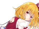  1girl back_cutout blonde_hair crying crystal flandre_scarlet looking_at_viewer looking_back medium_hair pointy_ears puffy_short_sleeves puffy_sleeves red_eyes red_ribbon red_vest ribbon shirt short_hair short_sleeves simple_background tosakaoil touhou vest white_background white_shirt wings 