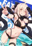  ahoge asymmetrical_gloves bikini black_bikini black_bow black_gloves black_scarf bow fate/grand_order fate_(series) gloves highleg highleg_bikini highres layered_bikini m-ya multi-strapped_bikini okita_souji_(fate)_(all) okita_souji_(swimsuit_assassin)_(fate) one_eye_closed salute scarf single_glove swimsuit thigh_strap v 