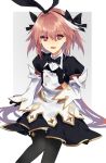 1boy absurdres astolfo_(fate) astolfo_(saber)_(fate) bangs black_bow black_dress black_gloves black_legwear black_neckwear black_ribbon blush border bow bowtie buttons dress fang fate/grand_order fate_(series) gloves grey_background hair_between_eyes hair_bow hair_intakes hair_ribbon highres juliet_sleeves layered_skirt long_hair long_sleeves looking_at_viewer low_twintails moonlaw multicolored_hair open_mouth otoko_no_ko pink_hair puffy_sleeves ribbon skirt smile solo streaked_hair thigh-highs twintails violet_eyes white_border white_hair white_skirt wide_sleeves wing_collar 