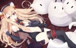  1girl animal_ears bangs bare_shoulders bell black_legwear blonde_hair blush breasts cat cat_ears cat_tail commentary eyebrows_visible_through_hair fake_animal_ears fate/kaleid_liner_prisma_illya fate_(series) gom_bear illyasviel_von_einzbern long_hair long_sleeves looking_at_viewer lying navel red_eyes small_breasts smile solo tail thigh-highs 