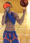  1boy abs aqua_eyes ball basketball basketball_uniform black_hair blue_shirt blue_shorts building dark_skin earrings holding_clothes jewelry kibana_(pokemon) kohanayuki looking_to_the_side male_focus midriff muscle navel parted_lips pokemon shirt short_hair shorts signature sleeveless sleeveless_shirt solo sport sportswear standing sweatdrop uniform wiping_face wiping_sweat 