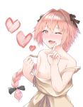  1boy absurdres astolfo_(fate) bangs bare_shoulders black_bow blush bow braid commentary_request dress eyebrows_visible_through_hair fang fate/grand_order fate_(series) hair_bow hair_intakes hair_ribbon heart highres long_hair looking_at_viewer male_focus multicolored_hair off_shoulder one_eye_closed open_mouth otoko_no_ko pink_hair ribbon simple_background single_braid smile solo streaked_hair violet_eyes white_background yumoto_motoyu 