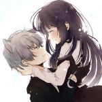  1boy 1girl animal_ears black_hair blush closed_eyes couple gloves green_eyes grey_hair hand_in_another&#039;s_hair inu_x_boku_ss koniro1007 lifting_person long_hair miketsukami_soushi profile shirakiin_ririchiyo smile 