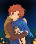  2girls artist_request blue_hair closed_eyes comforting crying eyelashes hand_on_another&#039;s_head head_on_chest hikari_(pokemon) jacket long_hair multicolored multicolored_clothes multiple_girls night no_headwear nozomi_(pokemon) open_mouth pokemon pokemon_(anime) pokemon_(game) pokemon_dppt redhead short_hair tears yuri 