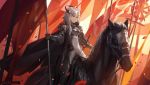  1girl 86_(nononononoway) artist_name banner black_pants breastplate gauntlets highres horse horseback_riding knight original pants petals riding silver_hair solo sword weapon yellow_eyes 