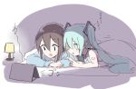  2girls aqua_eyes aqua_hair aqua_neckwear bare_shoulders bed blanket brown_hair commentary grey_shirt hair_ornament hatsune_miku holding_arm lamp long_hair lying master_(vocaloid) multiple_girls necktie nejikyuu on_stomach open_mouth pajamas scared shirt shoulder_tattoo sleeveless sleeveless_shirt smile tablet_pc tattoo tears translated twintails very_long_hair vocaloid watching 