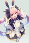  1boy astolfo_(fate) astolfo_(saber)_(fate) bangs black_bow black_dress black_gloves black_neckwear black_ribbon blush bow bowtie buttons cis05 commentary dress fang fate/grand_order fate_(series) gloves hair_between_eyes hair_bow hair_intakes hair_ribbon hands_up juliet_sleeves layered_skirt long_hair long_sleeves looking_at_viewer low_twintails multicolored_hair open_mouth otoko_no_ko pink_hair puffy_sleeves ribbon skirt smile solo streaked_hair twintails violet_eyes white_hair white_skirt wide_sleeves wing_collar 
