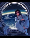  1girl astronaut black_hair blue_eyes closed_mouth earth floating floating_object headwear_removed helmet helmet_removed highres holding holding_helmet indoors original science_fiction short_hair smile solo spacesuit star_(sky) window window1228 