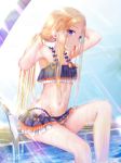  1girl abigail_williams_(fate/grand_order) bangs bare_arms bare_shoulders bikini black_bikini blonde_hair blush closed_mouth commentary_request dated emerald_float fate/grand_order fate_(series) highres knee_up long_hair looking_at_viewer mouth_hold navel orange_ribbon parted_bangs pool poolside ribbon ribbon_in_mouth sanka_tan signature sitting solo swimsuit tying_hair very_long_hair violet_eyes water wet 
