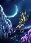  1other animal cherry_blossoms flower fox full_body hizuki_ranko moon multiple_tails night night_sky ninetales no_humans pokemon sky standing standing_on_liquid tail tree water white_flower 