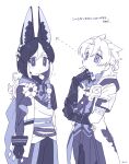  2boys albedo_(genshin_impact) animal_ear_fluff animal_ears arrow_(symbol) blue_theme closed_mouth coat earrings flower fox_boy fox_ears genshin_impact gloves highres homare_(g_hmr88) jewelry male_focus medal monochrome multicolored_hair multiple_boys simple_background single_earring tassel tighnari_(genshin_impact) translation_request 