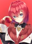  1girl ange_katrina apple bangs black_jacket blue_eyes blush closed_mouth collared_shirt eyebrows_visible_through_hair food fruit hair_between_eyes hair_intakes hair_ornament hairclip hand_up highres holding holding_food holding_fruit jacket lize_helesta long_sleeves looking_at_viewer nijisanji off_shoulder open_clothes open_jacket red_apple red_background red_jacket redhead rupe_paperu shirt simple_background sleeves_past_wrists smile solo upper_body virtual_youtuber white_shirt 