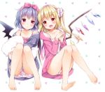  2girls :d bangs bare_legs bare_shoulders barefoot bat_wings black_wings blonde_hair blush camisole closed_mouth collarbone commentary_request crystal eyebrows_visible_through_hair fang flandre_scarlet frilled_shorts frills hands_up hood hood_down hooded_jacket irori jacket long_hair long_sleeves multiple_girls off_shoulder one_side_up open_clothes open_jacket open_mouth panties pillow pillow_hug pink_camisole pink_jacket purple_hair purple_jacket red_eyes remilia_scarlet short_shorts shorts siblings sisters smile soles touhou underwear white_background white_camisole white_panties white_shorts wings 