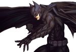 1boy animal_ears batman batman_(series) belt black_cape cape clenched_hand closed_eyes closed_mouth fighting_stance helmet highres male_focus mask mstm muscle simple_background solo white_backpack 