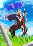  1girl ahoge armor bangs belt blonde_hair blue_flag blunt_bangs breastplate breasts broken broken_sword broken_weapon capelet centaur chainmail cleavage_cutout clouds commentary dated field flag full_armor gauntlets grass holding holding_flag holding_sword holding_weapon hooves horse_tail knight large_breasts long_hair looking_at_viewer mixed-language_commentary monster_girl multiple_legs original plate_armor red_eyes sheath shin_guards signature sky solo sword tail thick_eyebrows weapon zippedsquire 