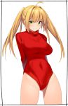  &gt;:) 1girl ahoge alternate_costume arms_behind_back ass_visible_through_thighs bangs bare_hips blonde_hair blush breasts closed_mouth cowboy_shot eyebrows_visible_through_hair fate/grand_order fate_(series) green_eyes hair_intakes highres kei_(soundcross) large_breasts leotard long_hair long_sleeves mole mole_under_eye nero_claudius_(fate) nero_claudius_(fate)_(all) red_leotard simple_background smile solo sweater turtleneck turtleneck_leotard turtleneck_sweater twintails white_background 