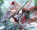  1girl angry animal_ears bare_shoulders detached_sleeves fighting_stance geta hat inubashiri_momiji leaf maple_leaf meronpan_(ghzk2583) open_mouth pom_pom_(clothes) red_eyes red_skirt shield shirt short_hair silver_hair skirt solo sword tail tengu-geta tokin_hat touhou water waterfall weapon white_hair white_shirt wolf_ears wolf_tail 