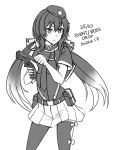  1girl bangs beret character_name closed_mouth dated eyebrows_visible_through_hair girls_frontline glock_17 glock_17_(girls_frontline) gradient_hair greyscale gun hair_between_eyes hair_ribbon handgun hat highres holding holding_gun holding_weapon long_hair low_twintails monochrome multicolored_hair ndtwofives necktie object_namesake pistol pleated_skirt ribbon shirt short_sleeves simple_background skirt solo thigh-highs twintails very_long_hair weapon white_background 