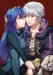  1boy 1girl ameno_(a_meno0) black_cloak blue_eyes blue_hair blush cloak collarbone commentary_request eye_contact eyebrows_visible_through_hair fire_emblem fire_emblem_awakening fire_emblem_heroes grima_(fire_emblem) hair_between_eyes hair_ornament hand_on_another&#039;s_head holding holding_another&#039;s_arm hood hood_down hooded_cloak long_hair looking_at_another lucina lucina_(fire_emblem) open_clothes open_mouth red_background red_eyes robin_(fire_emblem) robin_(fire_emblem)_(male) short_hair simple_background sweatdrop teeth tiara white_hair 